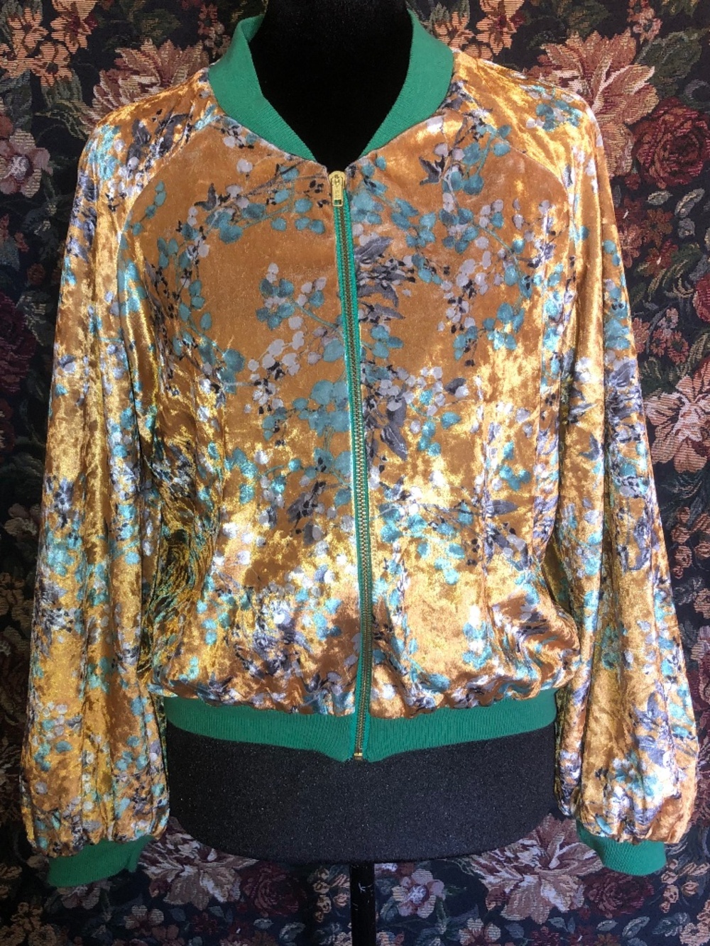 Vintage Mustard Crushed Velvet Floral Bomber Jacket Green Satin